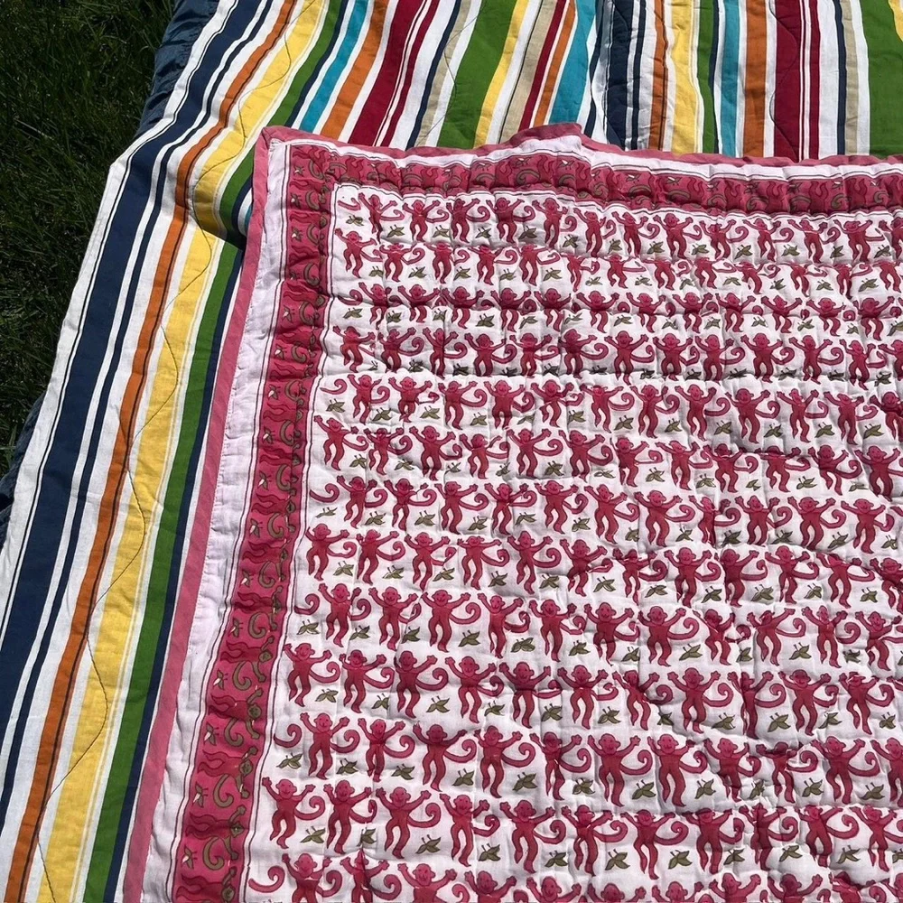 Roller Rabbit pink monkey baby quilt crib 50x38” reversible stripped comforter L